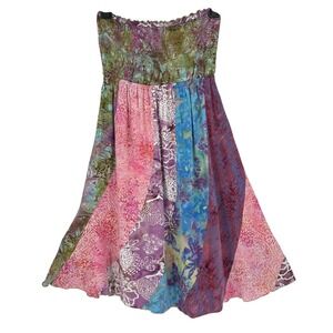 Santiki Patchwork Boho Dress Strapless Smocked Batik Rayon Festival Small